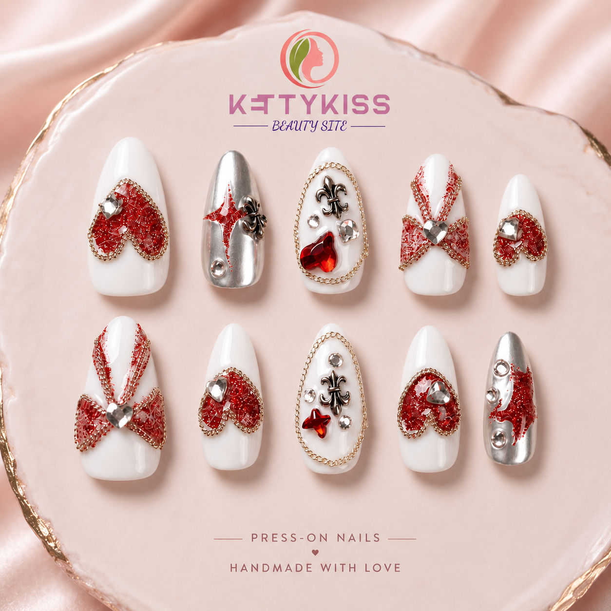 Luxury Red Heart Press-On Nails Handmade White & Silver Rhinestone Almond Nails Reusable Fake Nails Kettykiss Nails
