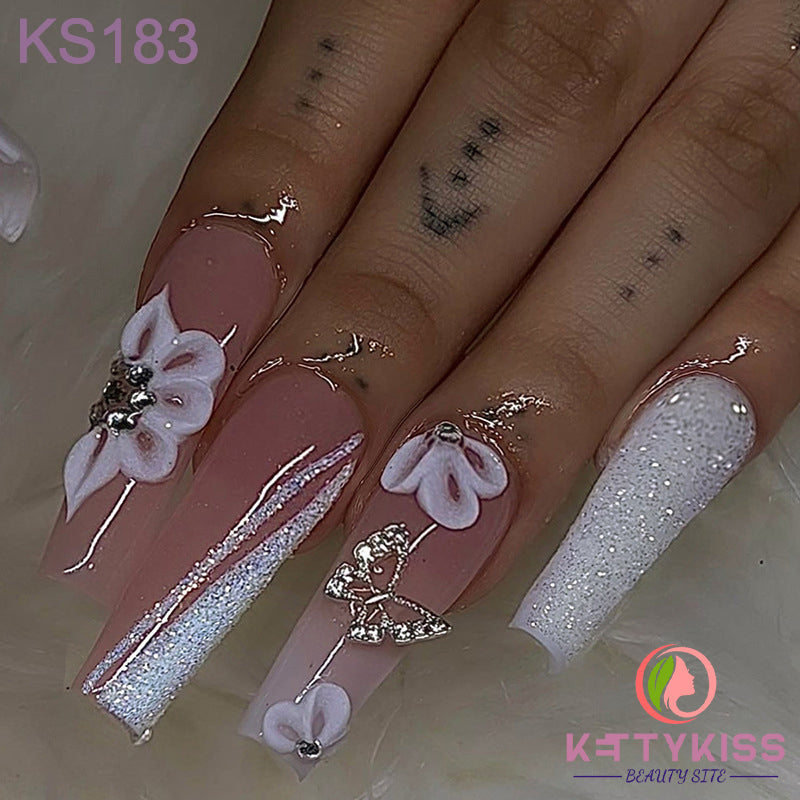 Extra Long Coffin Press On Nails, 3d Flower, Heart Rhinestone