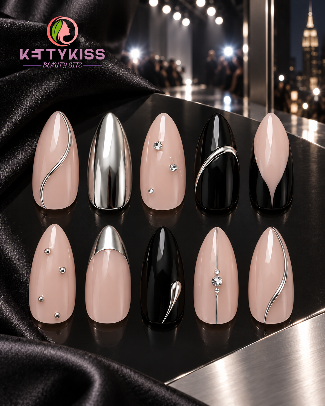 NYFW Nail Wardrobe – Black, Nude & Silver Press-On Nails Almond Nails  Handmade Reusable Kettykiss Nails