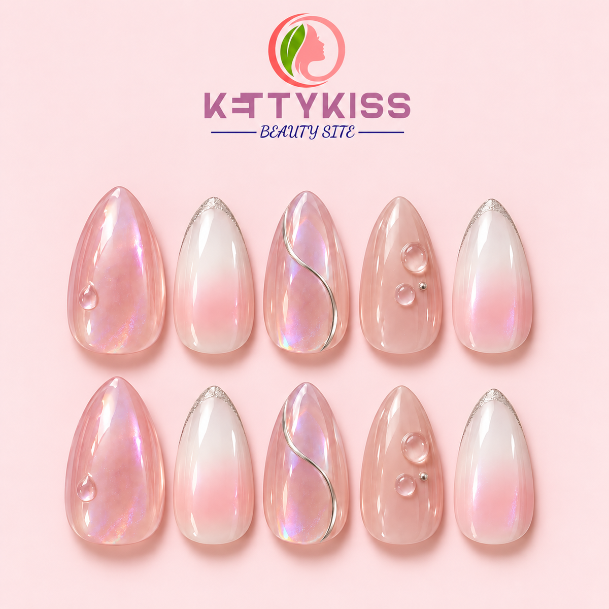 Seoul Glass Pink Aurora & Silver Details Press-On Nails Almond Nails  Handmade Reusable Kettykiss Nails