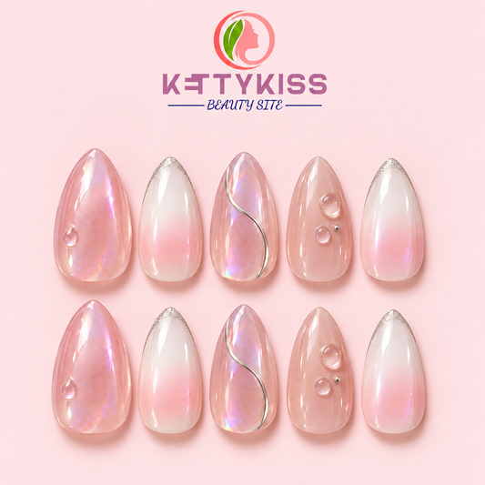 Seoul Glass Pink Aurora & Silver Details Press-On Nails Almond Nails  Handmade Reusable Kettykiss Nails