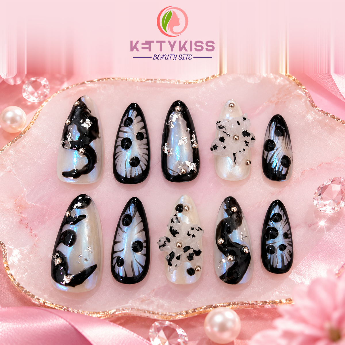 Midnight Bloom Luxury Press-On Nails | Handmade 3D Floral Black & White Iridescent Almond Nails with Silver Foil & Rhinestones Reusable Fake Kettykiss Nails
