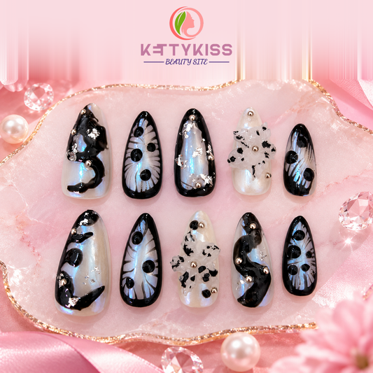Midnight Bloom Luxury Press-On Nails | Handmade 3D Floral Black & White Iridescent Almond Nails with Silver Foil & Rhinestones Reusable Fake Kettykiss Nails