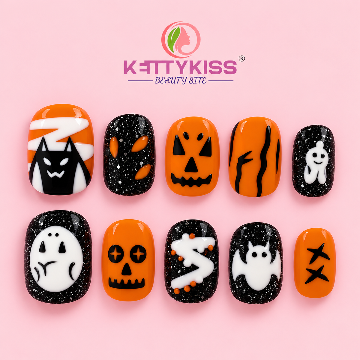 Spooky Halloween Press-On Nails–Orange & Black Pumpkin Ghost & Bat Nail Art Handmade Reusable Kettykiss Nails