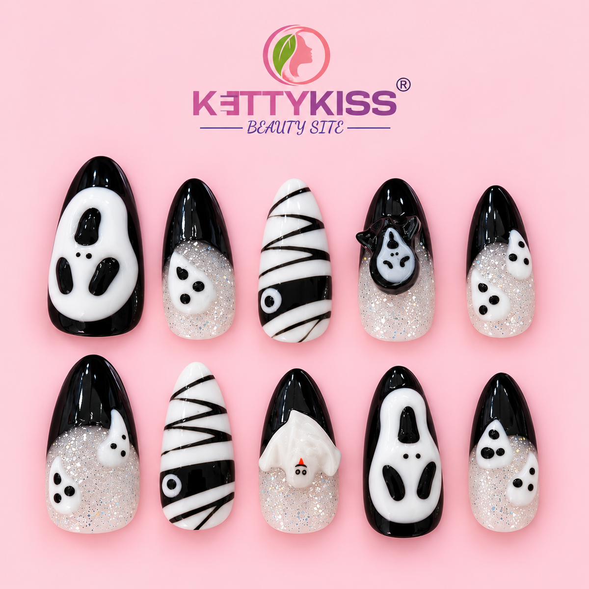 Halloween Ghost Press-On Nails Black & White 3D Spooky with Silver Glitter Handmade Halloween Fake Nails Kettykiss