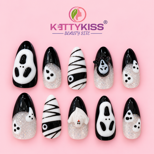 Halloween Ghost Press-On Nails Black & White 3D Spooky with Silver Glitter Handmade Halloween Fake Nails Kettykiss