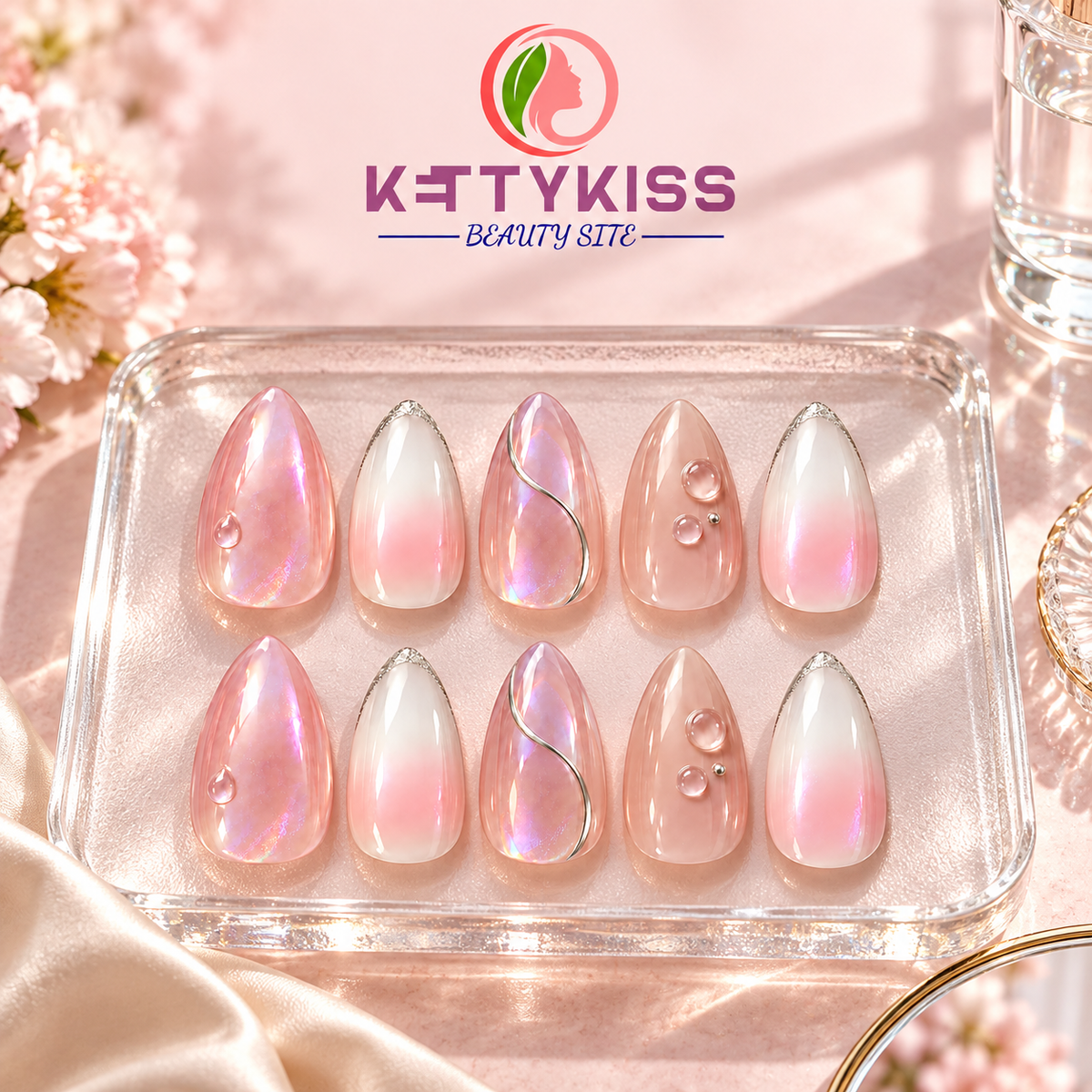 Seoul Glass Pink Aurora & Silver Details Press-On Nails Almond Nails  Handmade Reusable Kettykiss Nails