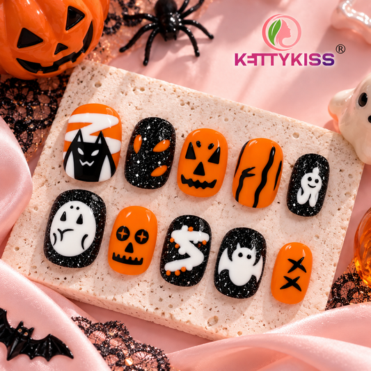 Spooky Halloween Press-On Nails–Orange & Black Pumpkin Ghost & Bat Nail Art Handmade Reusable Kettykiss Nails