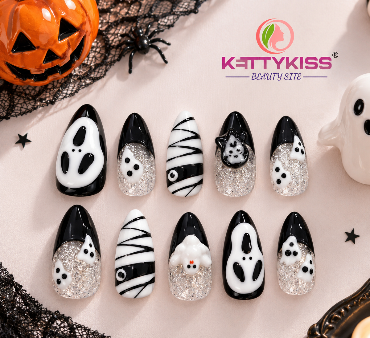 Halloween Ghost Press-On Nails Black & White 3D Spooky with Silver Glitter Handmade Halloween Fake Nails Kettykiss