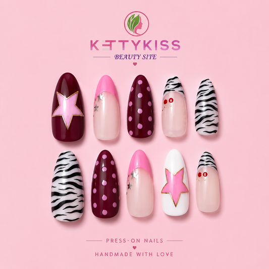 Cherry Burgundy Zebra Press-On Nails Trendy Pink Star Almond Nails  Handmade Reusable Kettykiss Nails