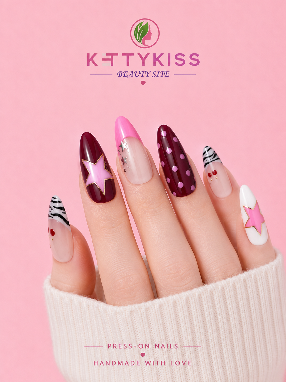 Cherry Burgundy Zebra Press-On Nails Trendy Pink Star Almond Nails  Handmade Reusable Kettykiss Nails