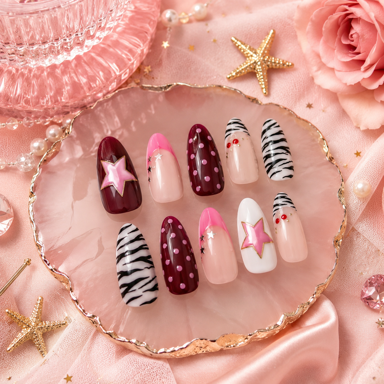 Cherry Burgundy Zebra Press-On Nails Trendy Pink Star Almond Nails  Handmade Reusable Kettykiss Nails