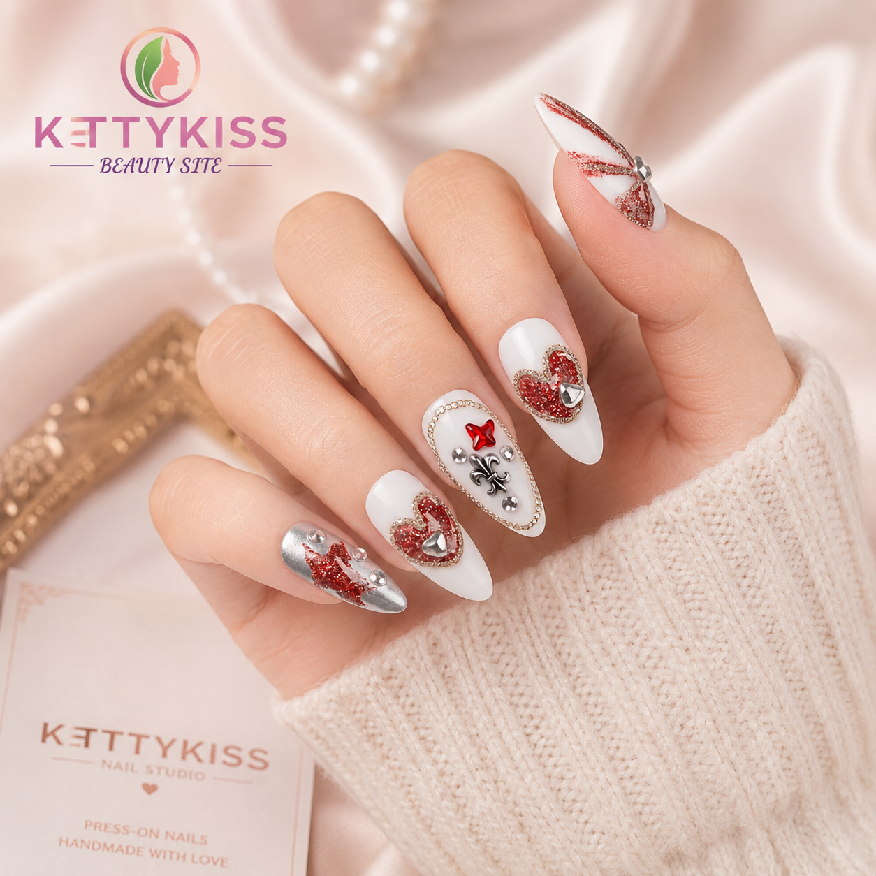 Luxury Red Heart Press-On Nails Handmade White & Silver Rhinestone Almond Nails Reusable Fake Nails Kettykiss Nails