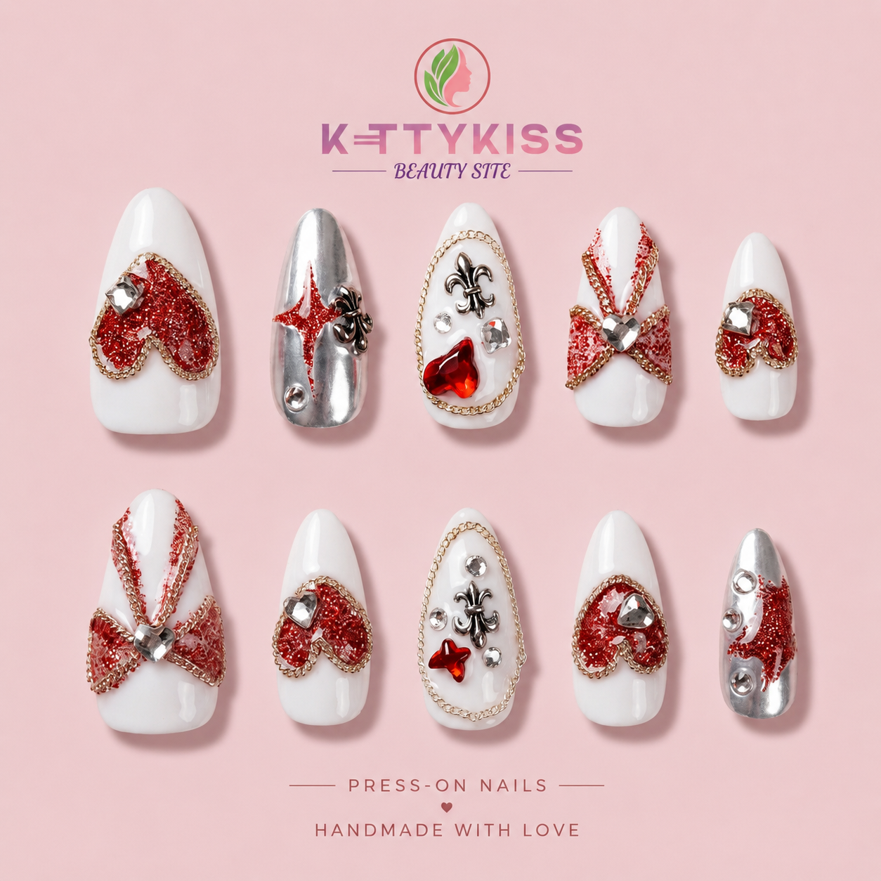Luxury Red Heart Press-On Nails Handmade White & Silver Rhinestone Almond Nails Reusable Fake Nails Kettykiss Nails