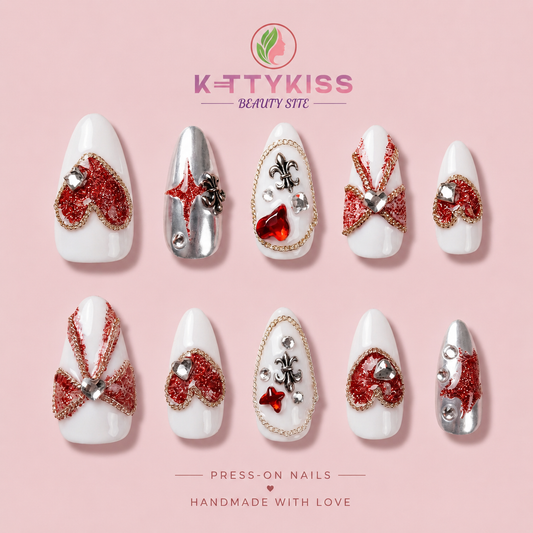 Luxury Red Heart Press-On Nails Handmade White & Silver Rhinestone Almond Nails Reusable Fake Nails Kettykiss Nails