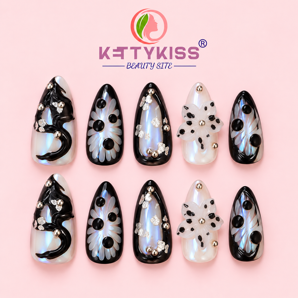 Midnight Bloom Luxury Press-On Nails | Handmade 3D Floral Black & White Iridescent Almond Nails with Silver Foil & Rhinestones Reusable Fake Kettykiss Nails