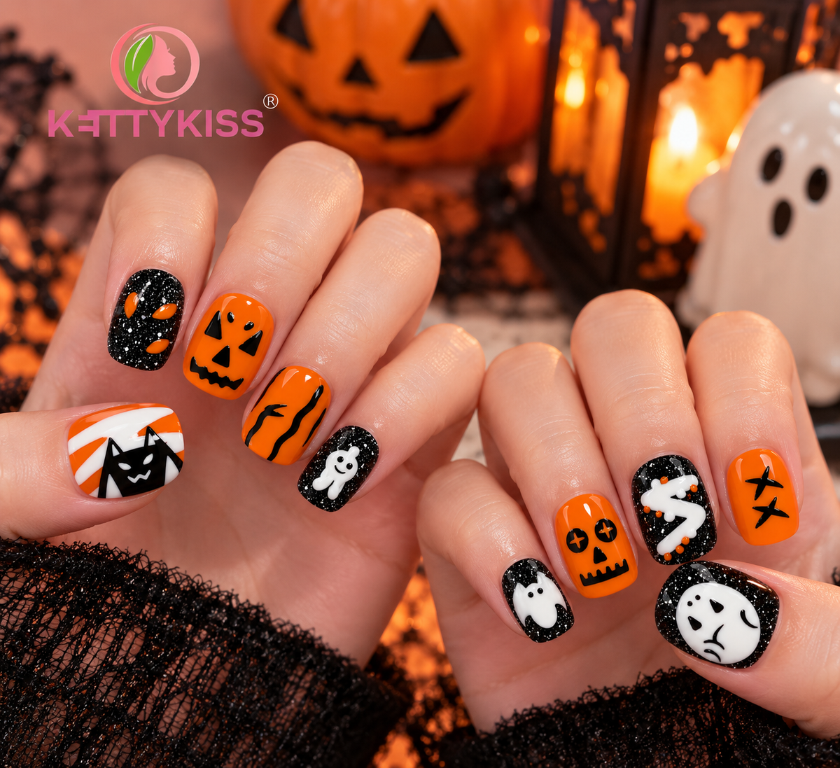 Spooky Halloween Press-On Nails–Orange & Black Pumpkin Ghost & Bat Nail Art Handmade Reusable Kettykiss Nails