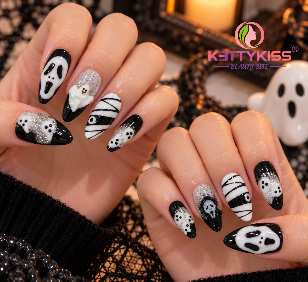 Halloween Ghost Press-On Nails Black & White 3D Spooky with Silver Glitter Handmade Halloween Fake Nails Kettykiss
