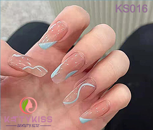 Kettykiss Press On Nails 24 Pcs KS601 Long Coffin Line Pearl Bow