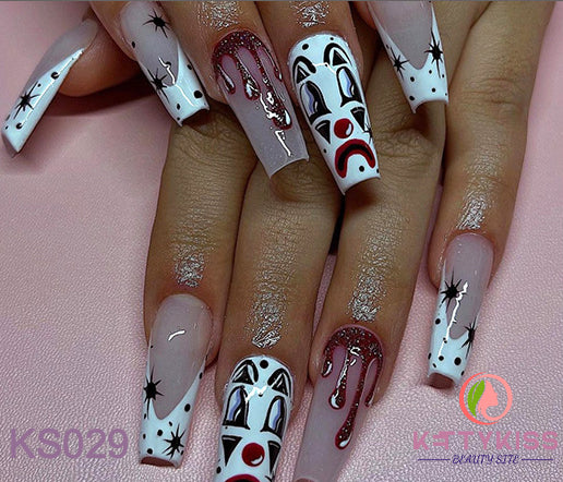 Kettykiss Press On Nails 24 Pcs KS601 Long Coffin Line Pearl Bow