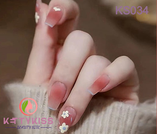 Kettykiss Press On Nails 24 Pcs KS552 Long Coffin Line Pearl Bow