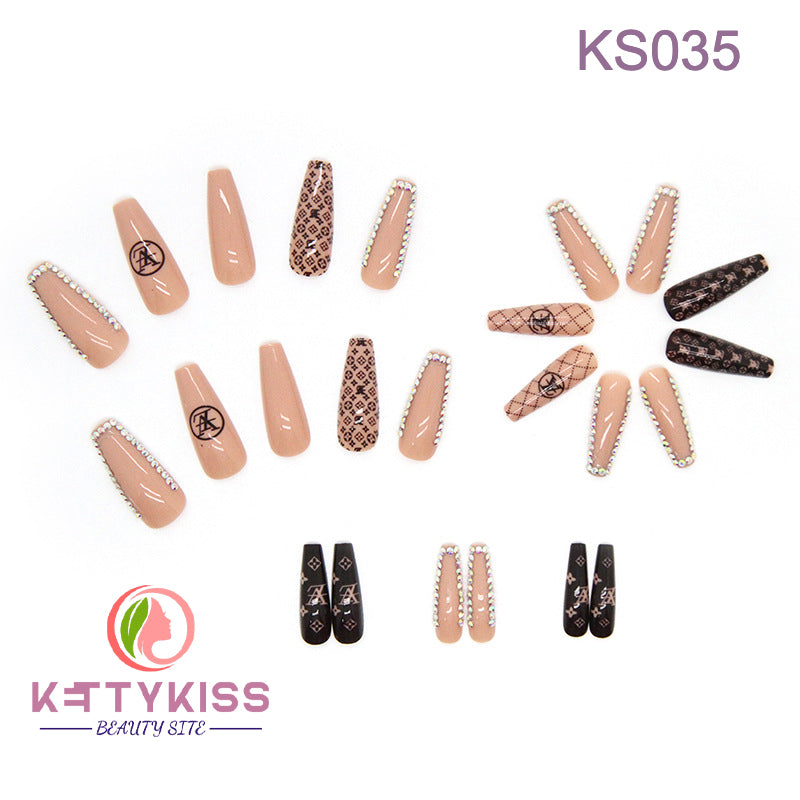 Kettykiss Press On Nails 24 Pcs KS601 Long Coffin Line Pearl Bow