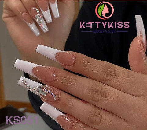 Kettykiss Press On Nails 24 Pcs KS601 Long Coffin Line Pearl Bow