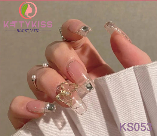 Kettykiss Press On Nails 24 Pcs KS601 Long Coffin Line Pearl Bow