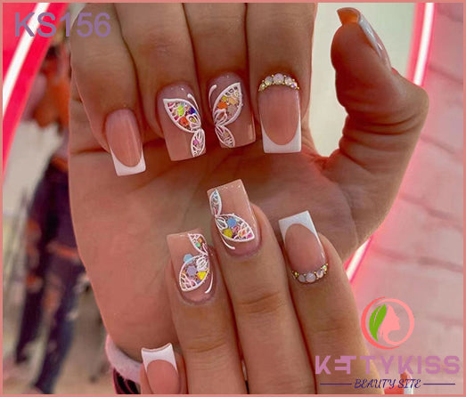 Kettykiss Press On Nails 24 Pcs KS601 Long Coffin Line Pearl Bow