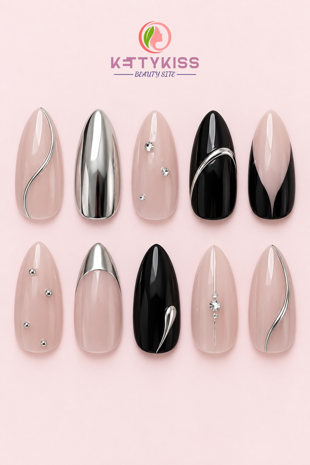 NYFW Nail Wardrobe – Black, Nude & Silver Press-On Nails Almond Nails  Handmade Reusable Kettykiss Nails